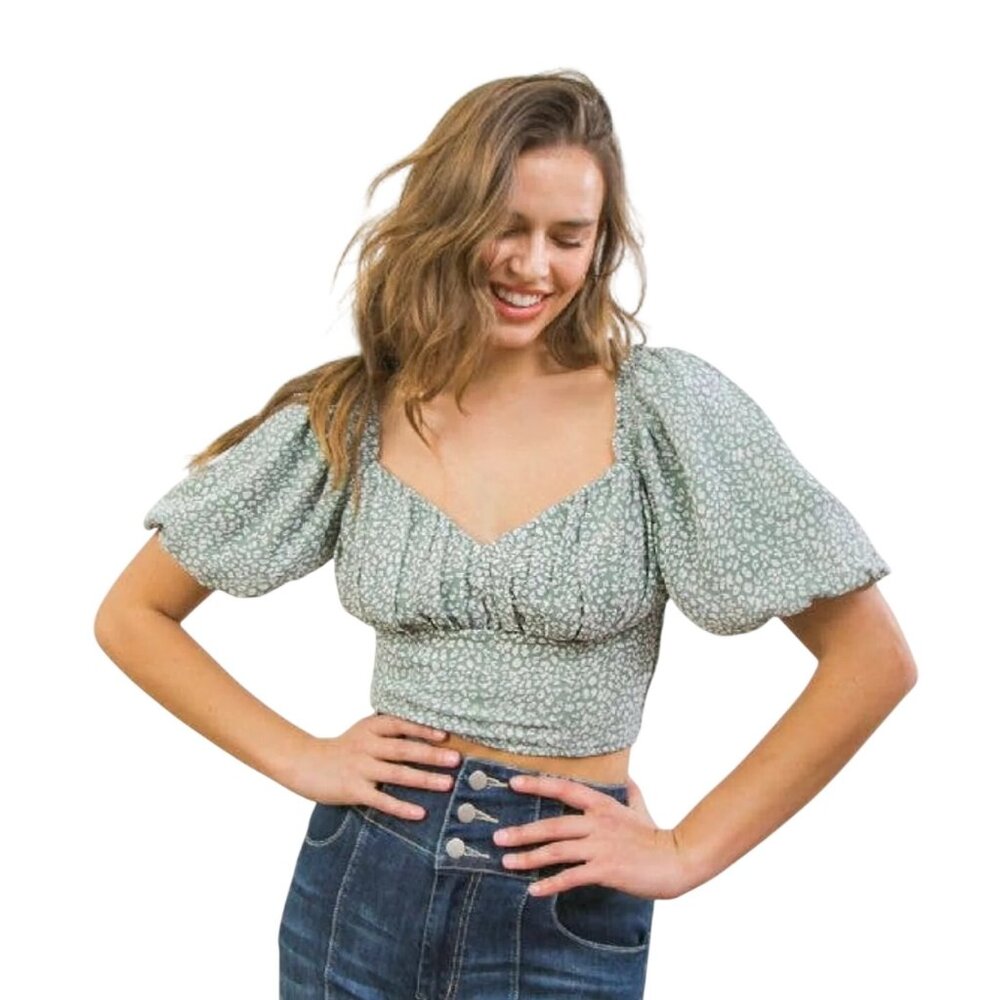 Lovecolette Crop Top Size Medium Floral Puff Sleeve Sweetheart Neck Green Boho